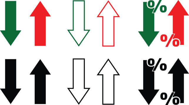 Up and down arrow icon set in green, red and black with solid and outline styles and percentage signs for increase, decrease, rate change and web design