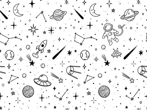 Outer Space Doodle Seamless Pattern with Astronaut, Rockets and Planets