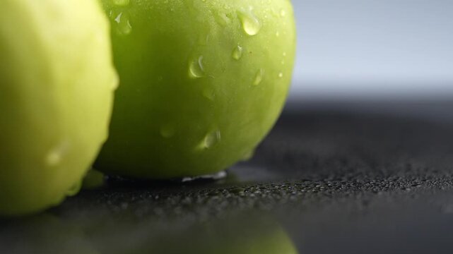 Fresh Green Apples with Water Droplets CloseUp video.