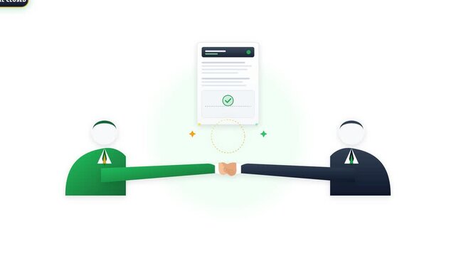Business partnership contract agreement vector illustration with two partners shaking hands and approved document concept