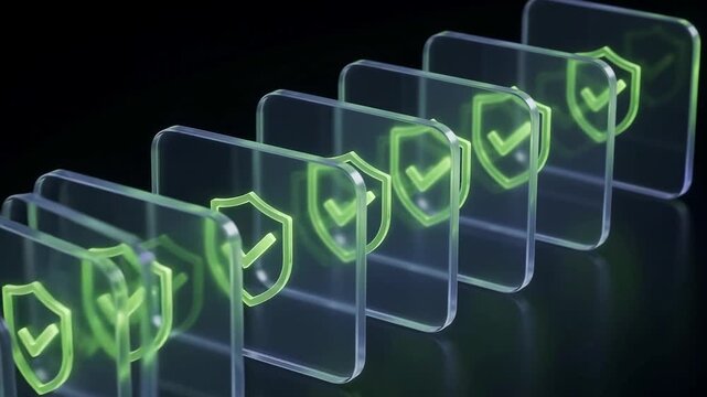 Row of transparent glass panels with glowing shield icons representing multi layered cybersecurity and data protection