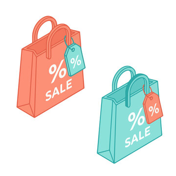 Shopping bags with percentage sale tags for retail marketing and discount promotions.