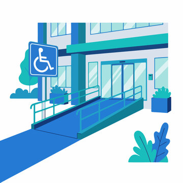 Accessibility ramp leads to a modern building entrance with a wheelchair sign displayed.