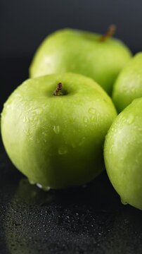 Fresh Green Apples with Water Droplets CloseUp video.