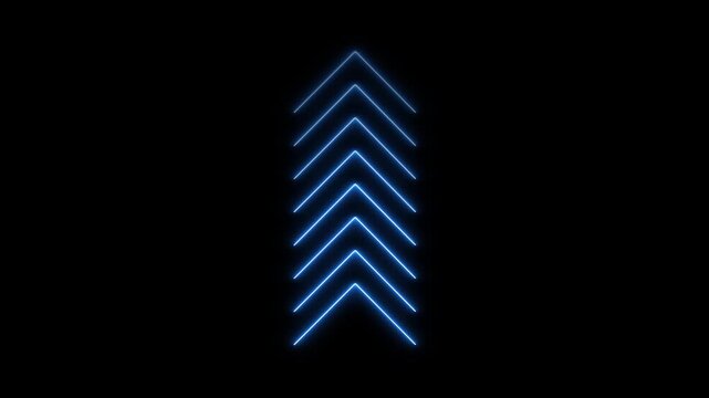 Neon blue glowing chevron arrows moving upward, abstract digital motion background