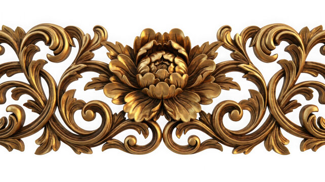 Ornate gold carved wood molding with floral peony motif and scrolling acanthus leaves isolated on transparent background
