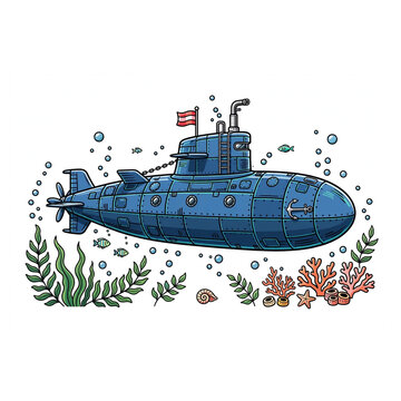 Blue Submarine Underwater With Fish Coral Reef Seaweed Vector Illustration