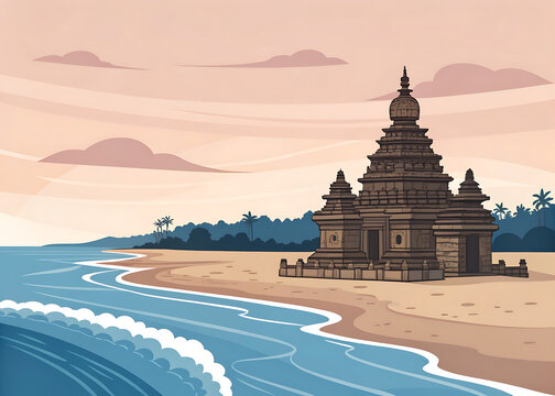 Mahabalipuram Shore Temple, Tamil Nadu Minimal vector image of the stone temple beside the Bay of Bengal, layered blue waves, golden sand
