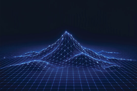 A digital representation of a glowing blue mountain range created with wireframe mesh technology on a dark background surface