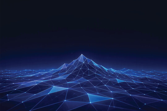 A digital representation of a mountain peak constructed from glowing blue geometric triangles and connected data network nodes