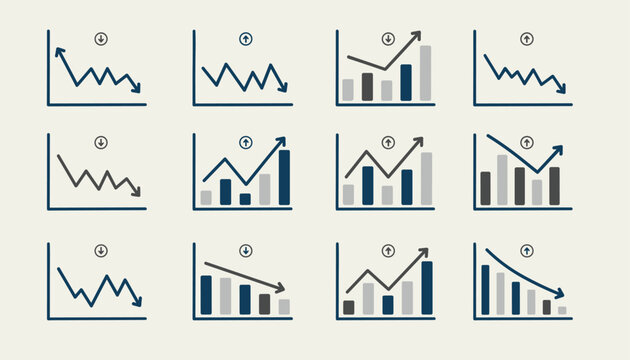 Grid of twelve different financial line and bar charts showing various market trends of growth and decline in blue and gray colors.