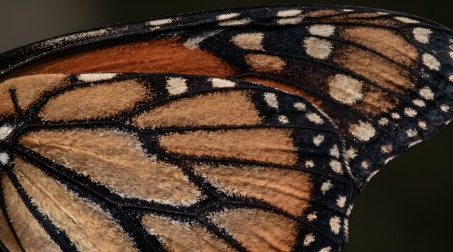 Close-up macro shot of a vibrant monarch butterfly wing with intricate black and orange scales texture and delicate insect pattern for wildlife design background