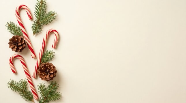 Festive christmas border with candy canes pine cones and evergreen branches on a neutral cream background