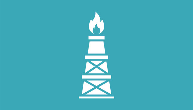 White flat icon of an industrial oil rig or gas flare stack with a burning flame depicted on a teal blue background for energy sector themes.