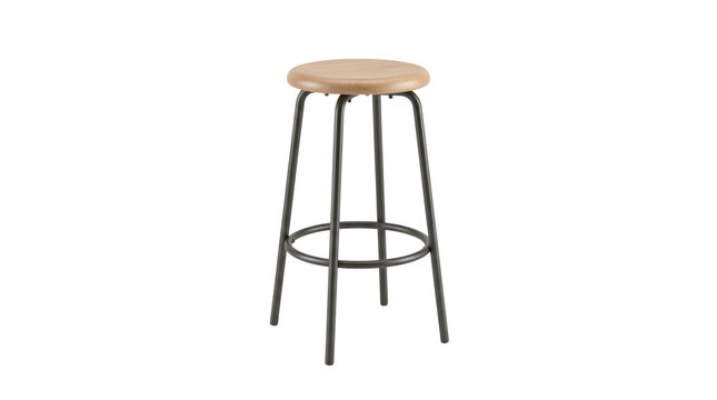 Modern industrial bar stool with wooden seat and black metal frame, minimalist kitchen counter chair for interior decor isolated PNG with Transparent Background