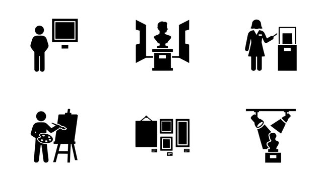 Museum and art gallery icon set, 6 black solid icons, exhibition and artist vector collection
