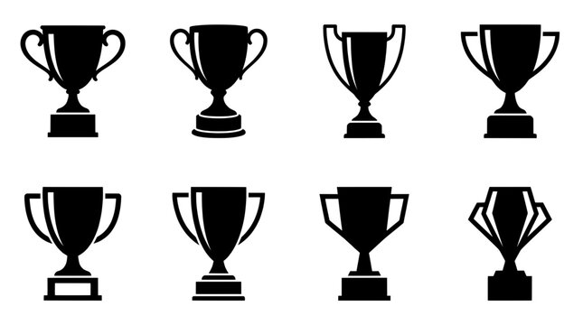 Trophy cup icons set, black winner award silhouettes, 8 sports competition trophy vector symbols