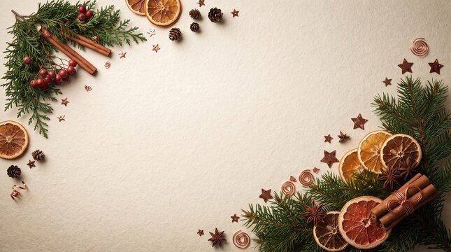 Rustic Christmas flat lay background with fir branches, dried citrus and cinnamon