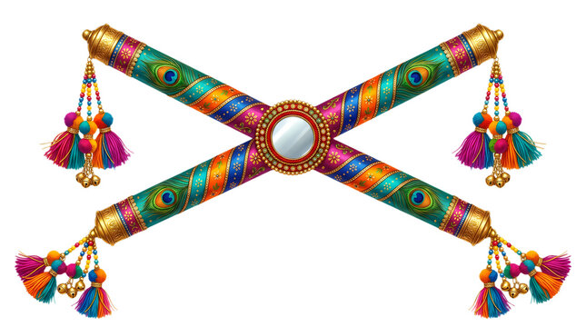 Decorative dandiya sticks with peacock feathers and colorful tassels