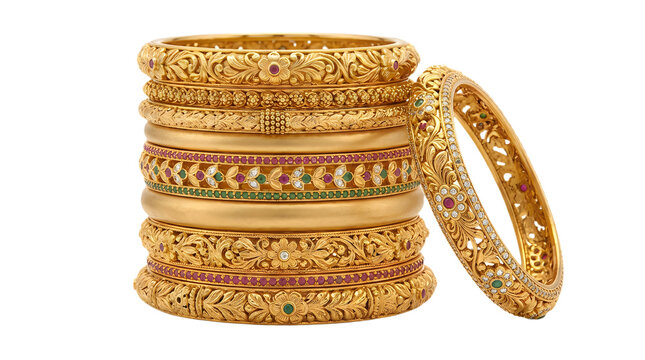 Stack of traditional indian gold bangles with gemstones isolated on a