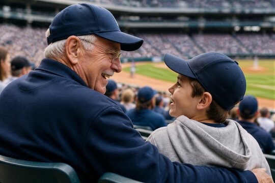 Grandfather watching baseball game with grandson at stadium
