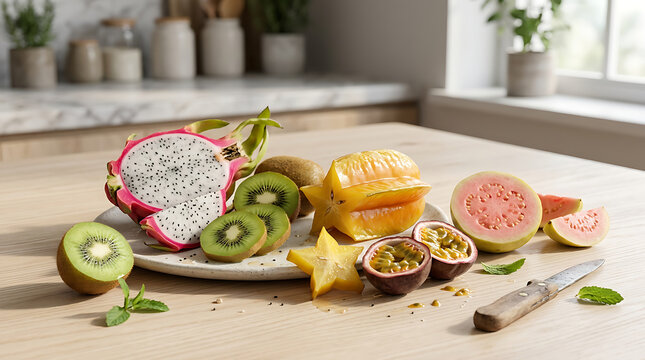 Assorted exotic tropical fruits including dragon fruit kiwi starfruit passion fruit and guava on a wooden kitchen table