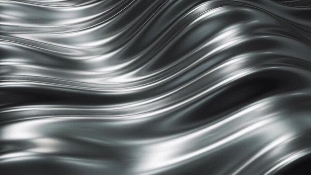 Flowing silver waves in an abstract glossy style on a dark background, conveying motion, luxury, technology, and elegance