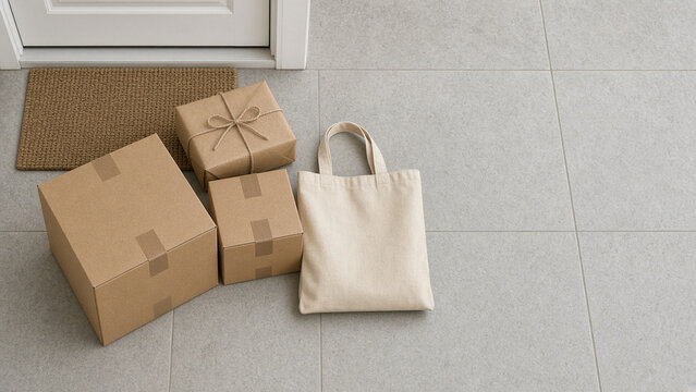 High angle view of plain brown cardboard return boxes, a twine-tied kraft parcel and a plain canvas tote on a tiled floor by a front door doormat, ready for pickup