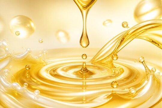 Golden liquid droplets pouring into reflective oil pool surface