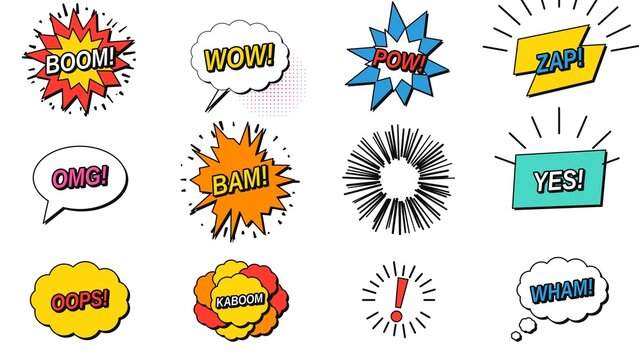 Set of colorful comic book speech bubbles and explosion bursts with action words like Boom and Wow on a white background, retro pop art vector elements for marketing graphics   