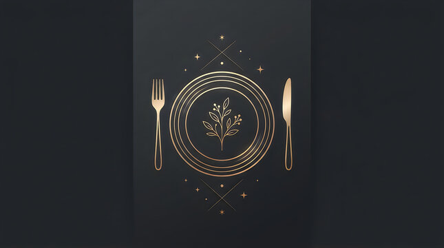 Minimalist golden line art plate with fork and knife on dark background represents luxury elegant dining and restaurant menu design concept