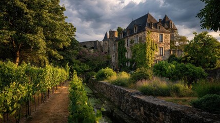 Naklejka premium Historic stone manor beside reflective moat, vineyard rows and trimmed hedges under dusk light, with glowing mullioned windows and calm riverside estate setting