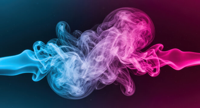 Vibrant blue and magenta smoke plumes intertwining, abstract neon vapor clouds on black, ethereal fluid motion for creative backgrounds