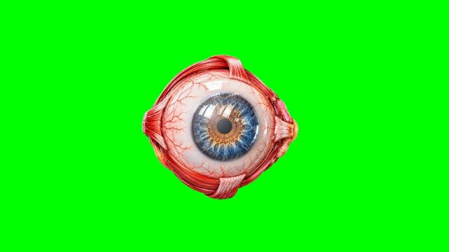 Realistic 3D illustration of human eye anatomy showing eyeball and ocular muscles on green screen.