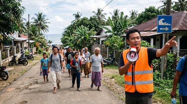 Coastal Disaster Preparedness Volunteer Using Megaphone to Guide Residents During Tsunami Evacuation Dril