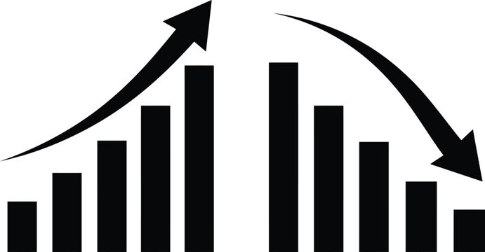 Bar graph with upward and downward arrows illustrating business growth and decline in a simple graphic style