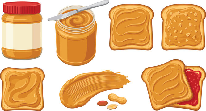 Peanut Butter Jar and Toast Vector Set Featuring Smooth Crunchy and Jelly Sandwich Slices with Knife and Smear Elements for Breakfast Food Designs