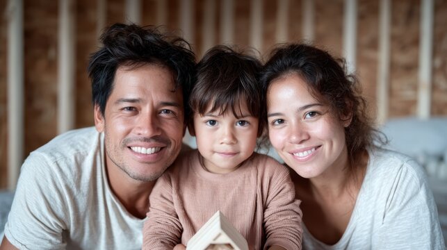 A joyful family of three poses closely while holding a wooden toy house, showcasing love and unity in a warm and inviting home environment.