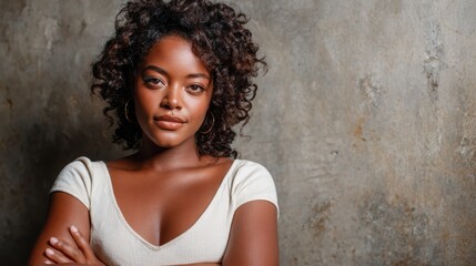 Fototapeta premium A portrait of a confident young woman with natural curls stands against a textured wall, showcasing both strength and beauty in a minimalistic yet powerful style.