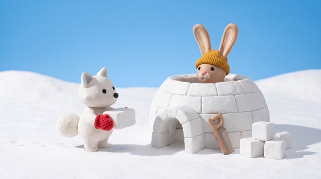 Clay fox and hare building an igloo from snow blocks