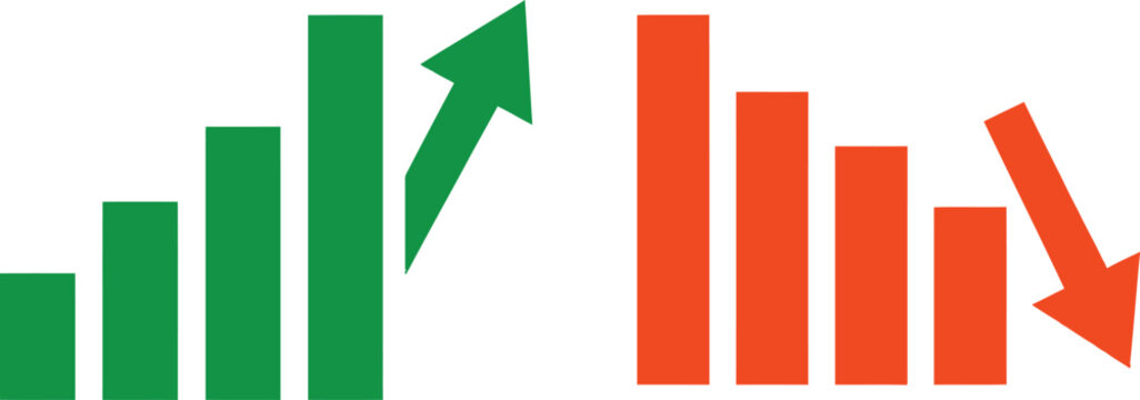 Green bar chart rising with arrow and red bar chart falling with arrow on white background