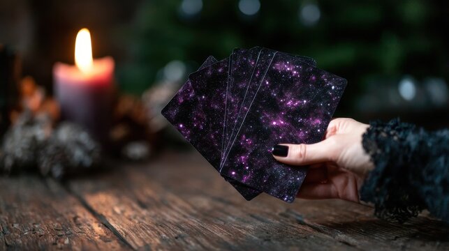 An enchanting arrangement of tarot cards featuring cosmic designs, set beside a flickering candle on a rustic wooden table, perfect for divination and spiritual guidance.