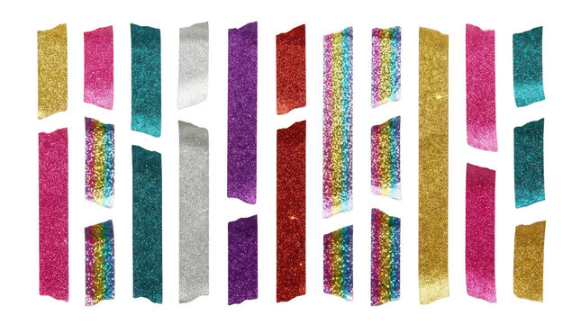 Collection of various colorful glitter tape strips isolated on transparent background