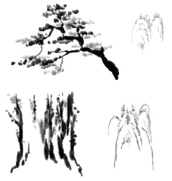 Oriental ink wash pine tree, tree trunks and rocky mountain peaks, sumi-e style landscape elements, hand drawn brush stroke, transparent background