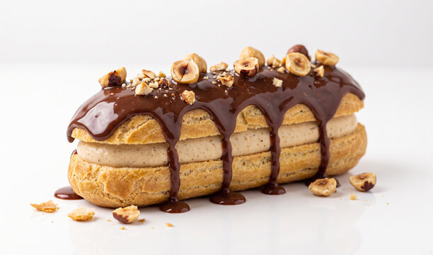 Delicious French Eclair Pastry Filled With Cream Topped With Chocolate And Hazelnuts