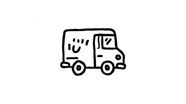 Food Truck For Mobile Street Food Service Hand-Drawn Doodle Animation On Transparent Background. Catering Vehicle And Takeaway Restaurant. Seamless Animated Icon. 4K Video Overlay Element.