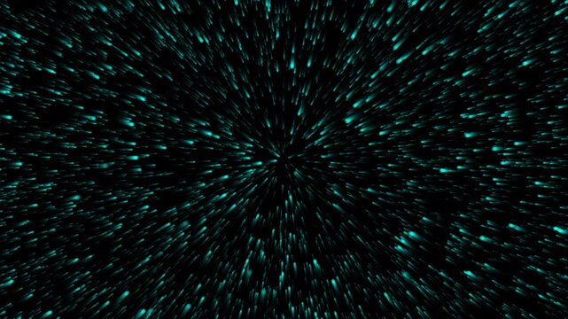 Abstract cyan light speed hyperspace jump with glowing particles flying towards camera in deep space loop motion background for science fiction projects and futuristic design.