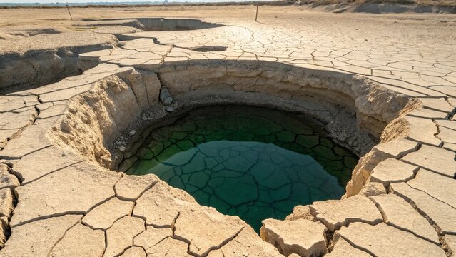 Deep sinkhole with green water in a dry cracked desert landscape