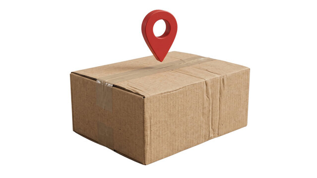 Cardboard parcel box with red location pin