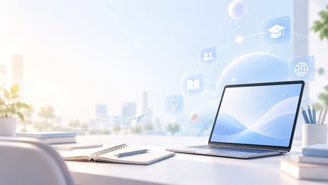 Light digital educational background with laptop on white desk, glass icons of graduation cap, book, globe, light bulb and team, open notebook, stack of books, with copy space